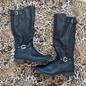 Y2K 2000s Guess Black quilted riding boots with gold hardware